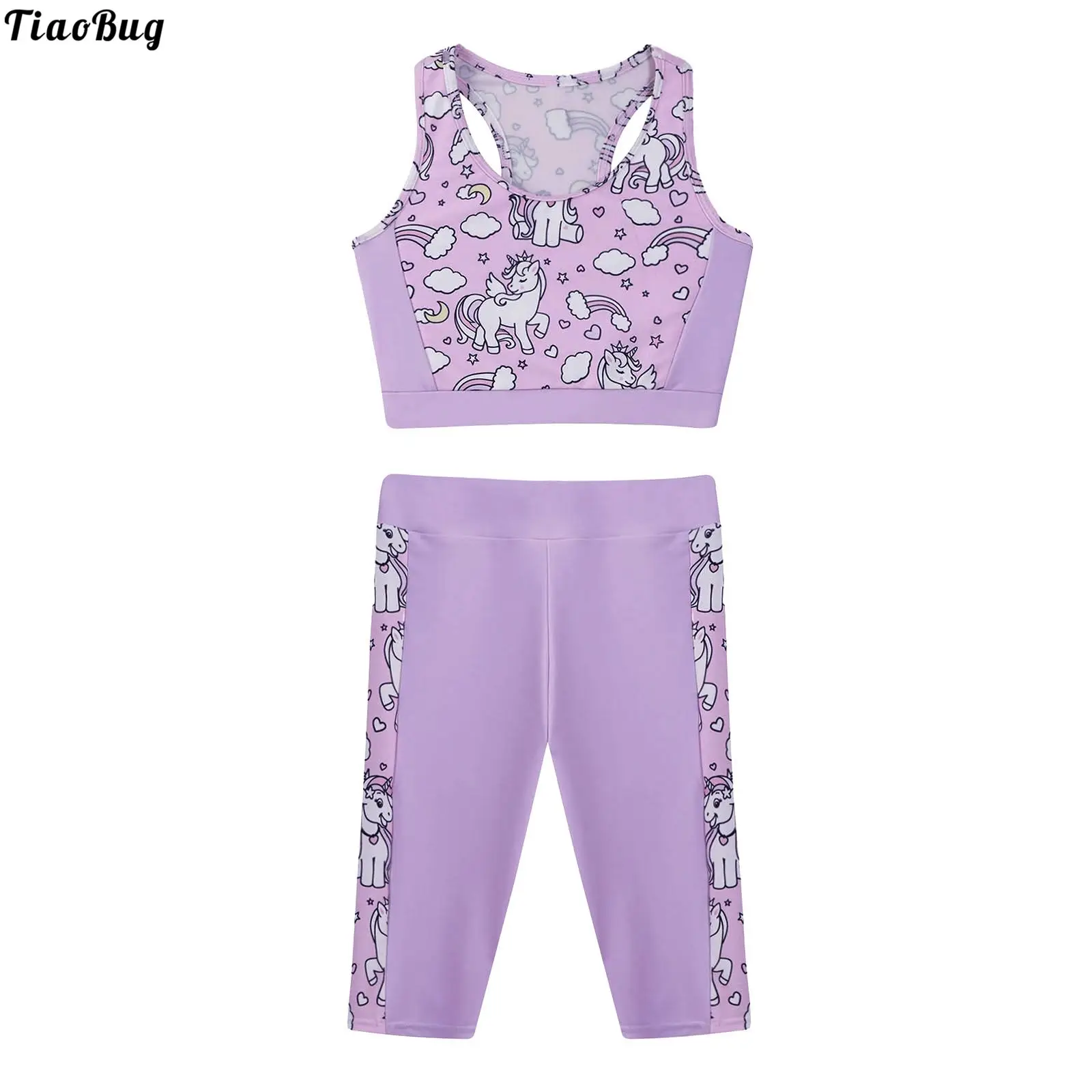 Tiaobug Purple 2Pcs Kids Girls Sport Outfit Girocollo Senza Maniche Racer Back Cartoon Horse Print Sport Vest And Track Shorts Set