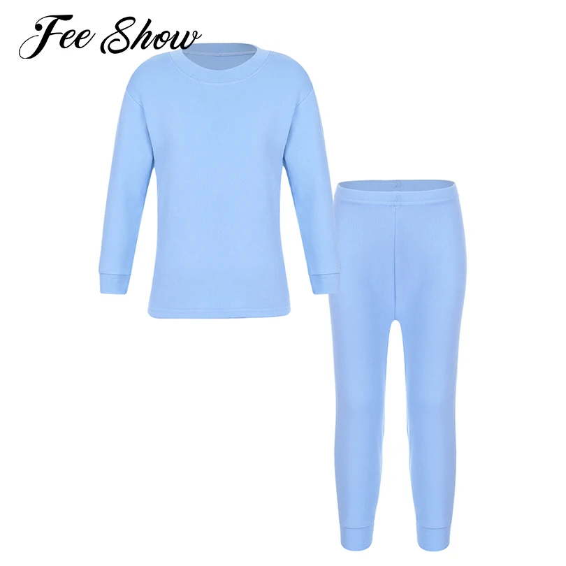 Kids Girls Boys Warm Thermal Underwear Set Tinta Unita Yoga Outfit Suit Manica Lunga Elastico Top Elastico In Vita Leggings Pantaloni