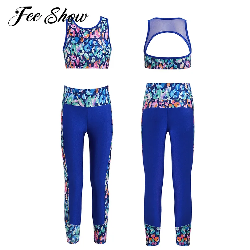 Bambini Ragazze Yoga Set Sport Outfit Ginnastica Dancewear Senza Maniche Mesh Racer Canotte Posteriori Crop Top Con Leggings Tute Sportive