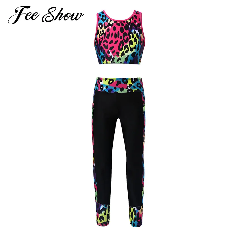 4-16 Anni Bambini Ragazze Ginnastica E Abiti Da Ballo Yoga Sport Outfit Senza Maniche Mesh Racer Canotte Posteriori Crop Top Con Leggings Tuta