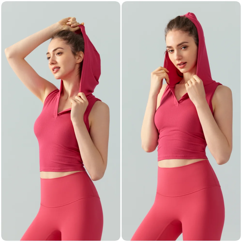 Emily New Hooded Ribbed Yoga Vest Spicy Girl Slim Fit Short Sportswear Fixed Cup Solid Senza Maniche Fitness Top