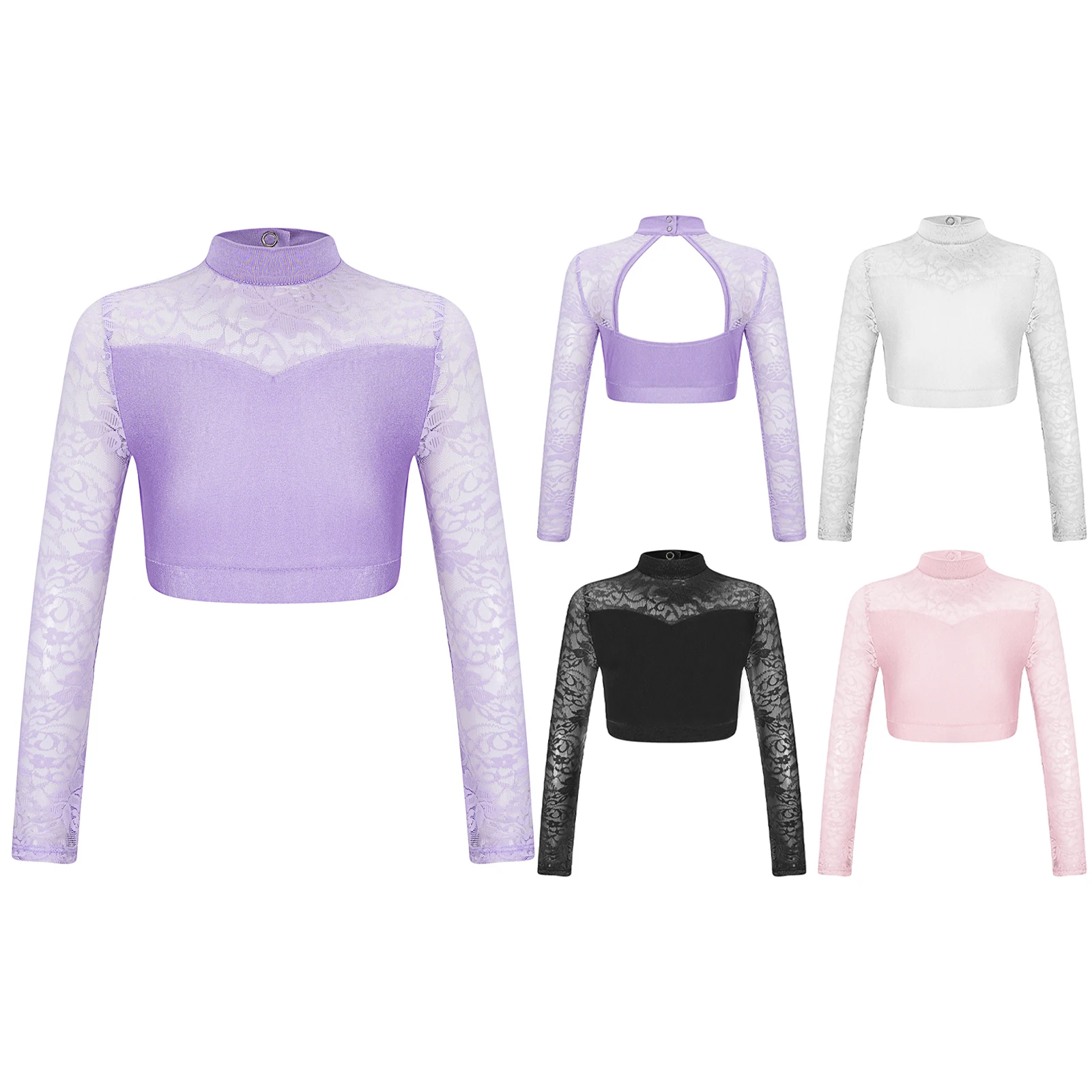 Kids Girls Ballet Dance Crop Top Sheer Floral Lace Manica Lunga Ginnastica Yoga Sport Workout T-Shirt Top Performance Costume