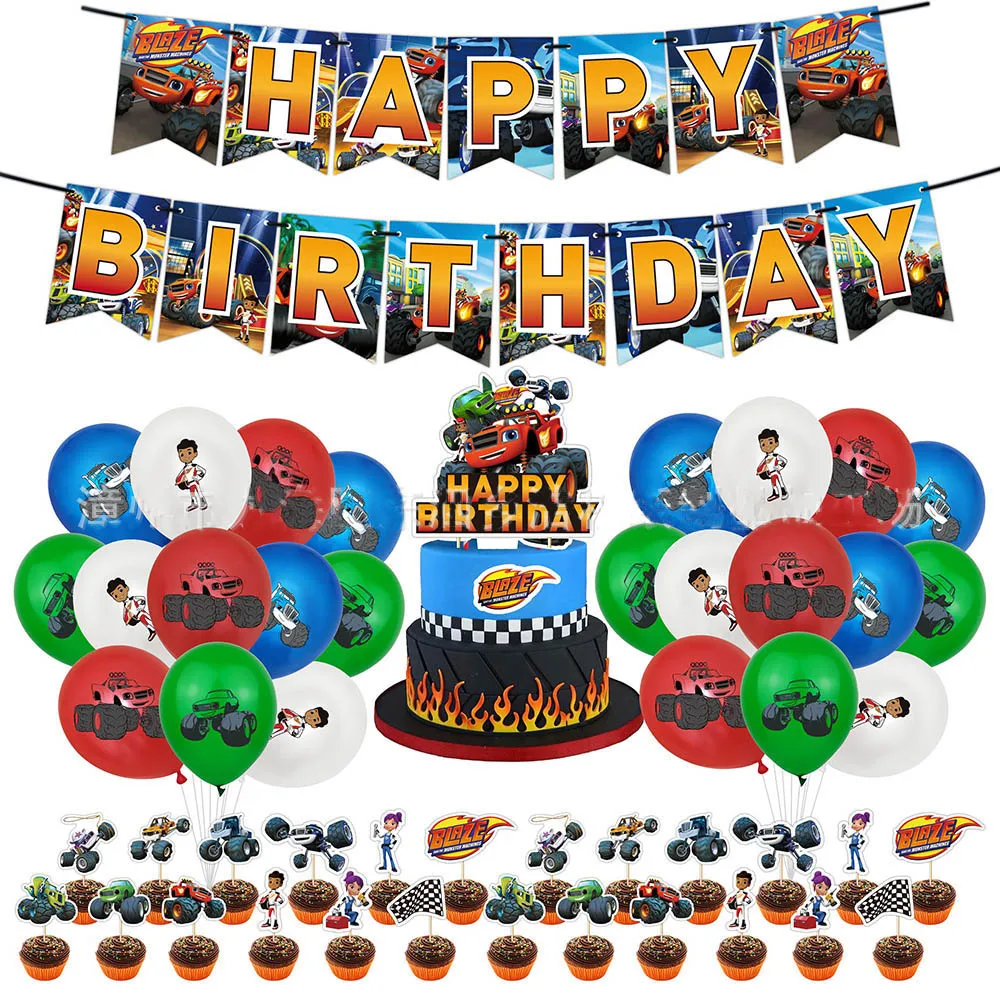 Cartoon Car Blaze Monster Latex Balloon Happy Birthday Banner Party Decoration Machines Racecar Cake Cupcake Topper Toy