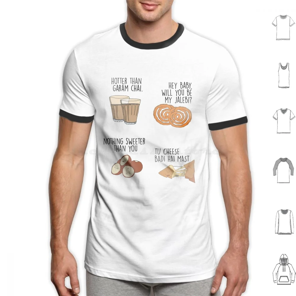 Pacchetto Indiano. Snack Lines T Shirt 6Xl Cotton Cool Tee Jalebi Gulab Jamun Samosa Cheese Snack Indiani India Sweet Delicious Food