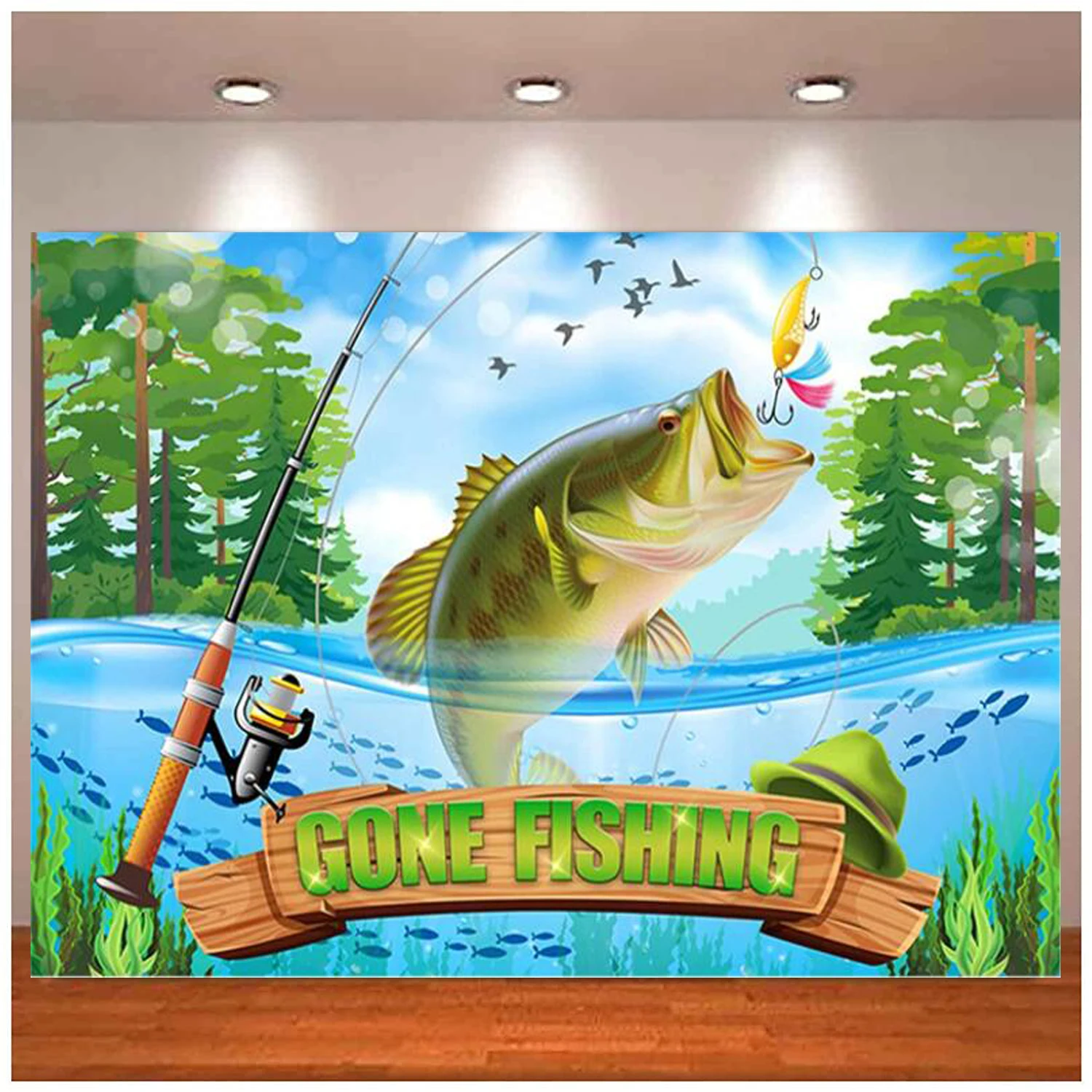 Gone Fishing Background Buon Compleanno Pensionamento Fisherman Kids Baby Shower Party Supplies Lake Fondale Cake Table Decor