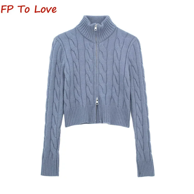Spice Girls Colletto In Piedi Retro Twist Maglione Manica Lunga Doppia Zip Cardigan Donna Autunno Inverno Top