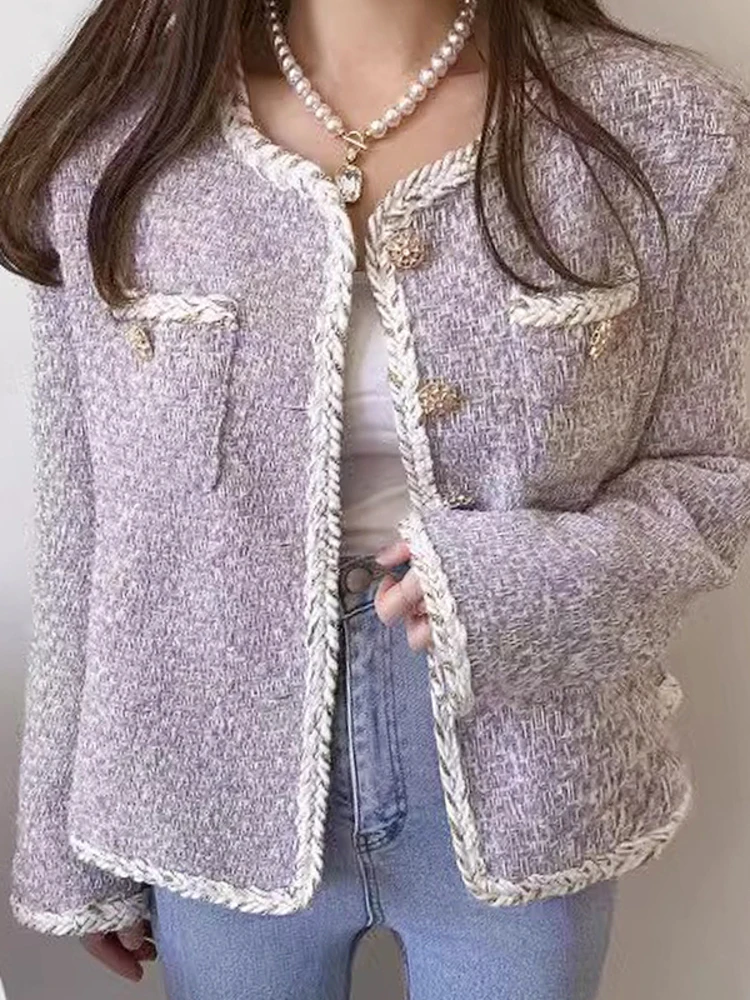 Sweet Women Purple Tweed Jacket Monopetto Pocket Patchwork Giacca Allentata Cappotto 2023 Autunno Inverno Capispalla X401