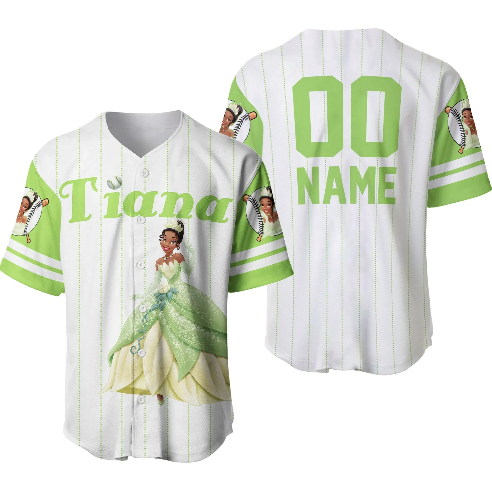Princess Tiana Baseball Jersey Adult Kids Personalizzato Manica Corta Button Jersey Disney Baseball Jersey Casual Sports Shirt Men