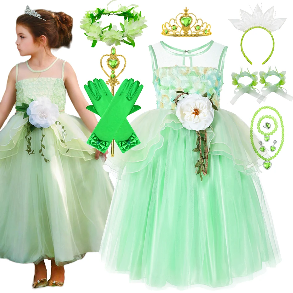 Disney Princess Tiana Cosplay Dress Glitter Halloween Evening Party Luxury Tulle Frock Ball Gowns Floral The Flog Costume