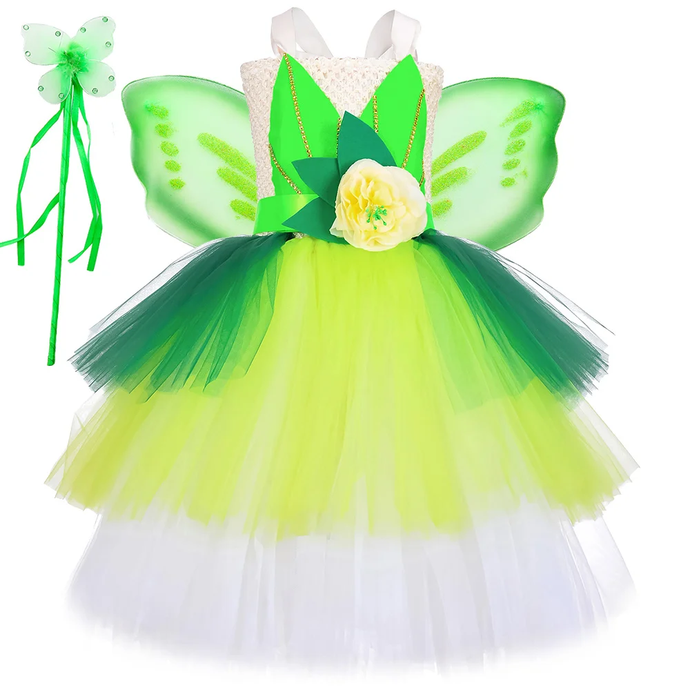 Disney Tiana Princess Dresses For Girls Frog Tinker Bell Fairy Costumes Kids Halloween Tutus Outfit 3 Layered Party Ball Gown
