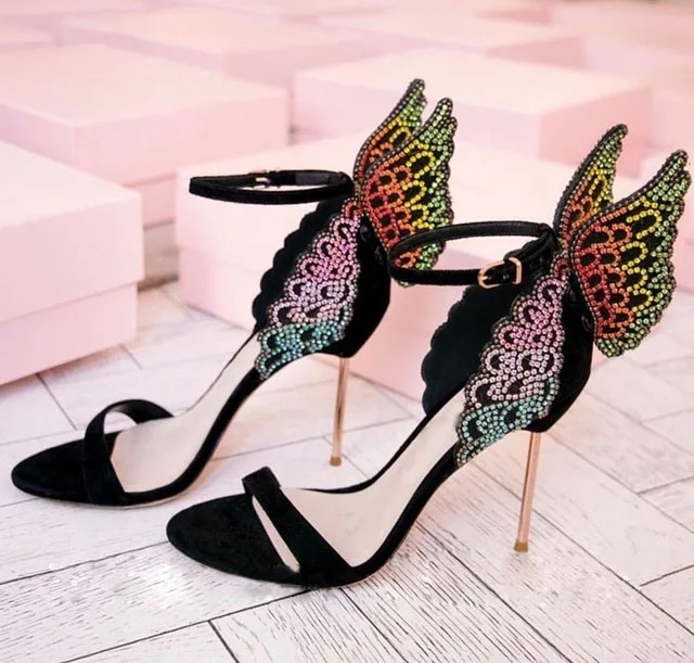 Bling Back Rhinestone Butterfly Wings One Strap Sandals Wedding Shoes Women Thin High Heel Back Wings Buckle Strap Pumps