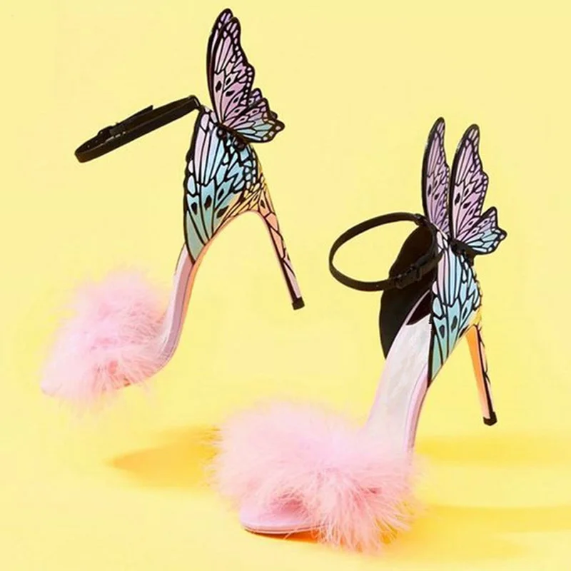 Sweet Pink Feather Butterfly Wing Sandali In Pelliccia Di Struzzo Back 3D Butterfly Pumps Open Toe Stiletto Tacco Alto Donna Scarpe Da Sposa
