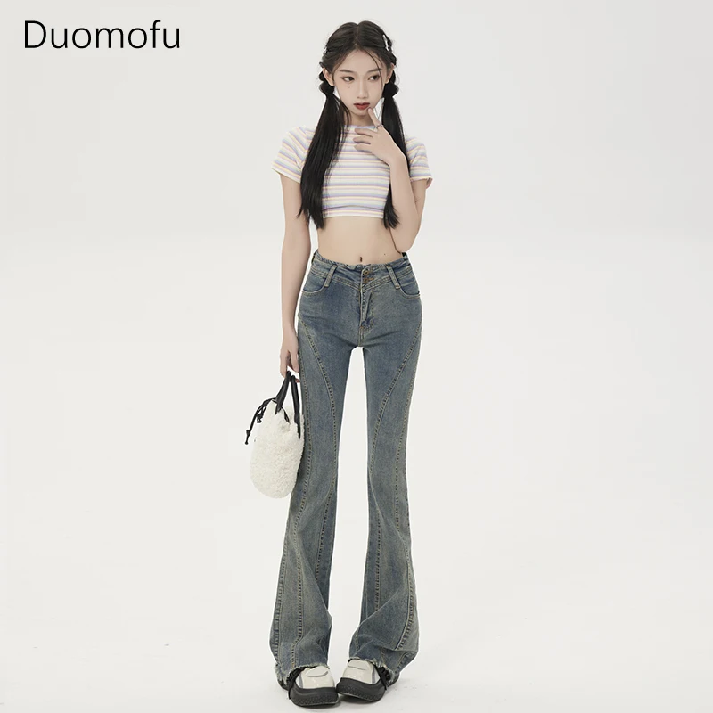 Duomofu Vintage Chic Button Full Length Basic Flare Jeans Donna Autunno Semplice Moda Casual Vita Alta Slim Xs-Xl Jeans Femminili
