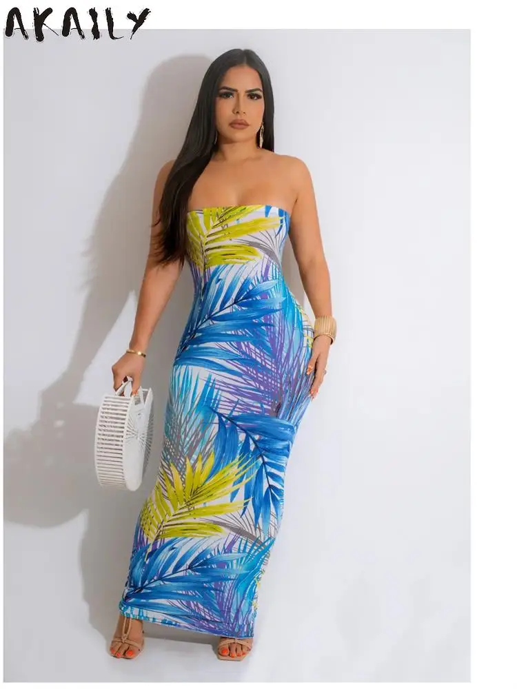 Akaily Summer Streetwear Abiti Lunghi Senza Schienale Per Le Donne 2023 Stampa Senza Maniche Abiti Blu Aderenti Maxi Abiti Da Festa Causali