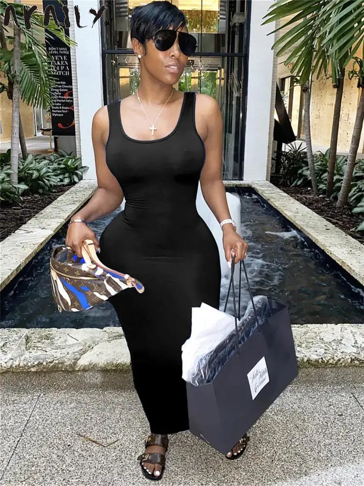 Akaily Summer Solid Bodycon Dresses For Women 2023 Black Square Collar Senza Maniche A Vita Alta Maxi Dresses Casual Club Dress
