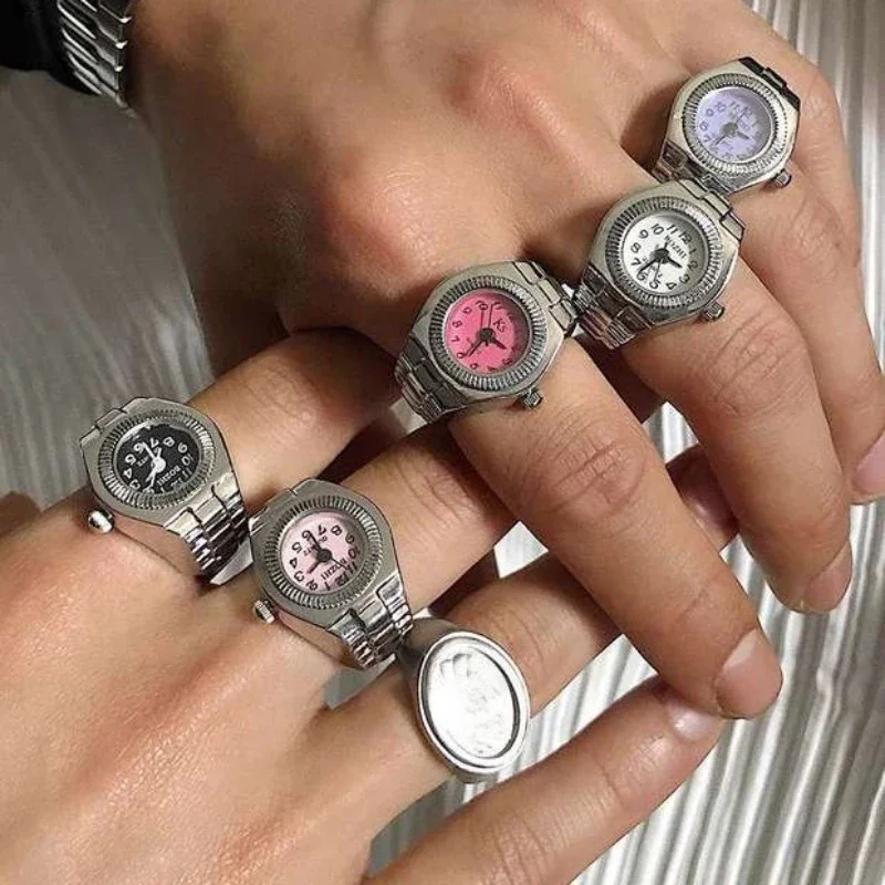 Orologio Da Dito Punk Vintage Mini Cinturino Elastico In Lega Orologi Coppia Anelli Orologio Gioielli Retro Roman Quartz Watch Rings Donna Uomo