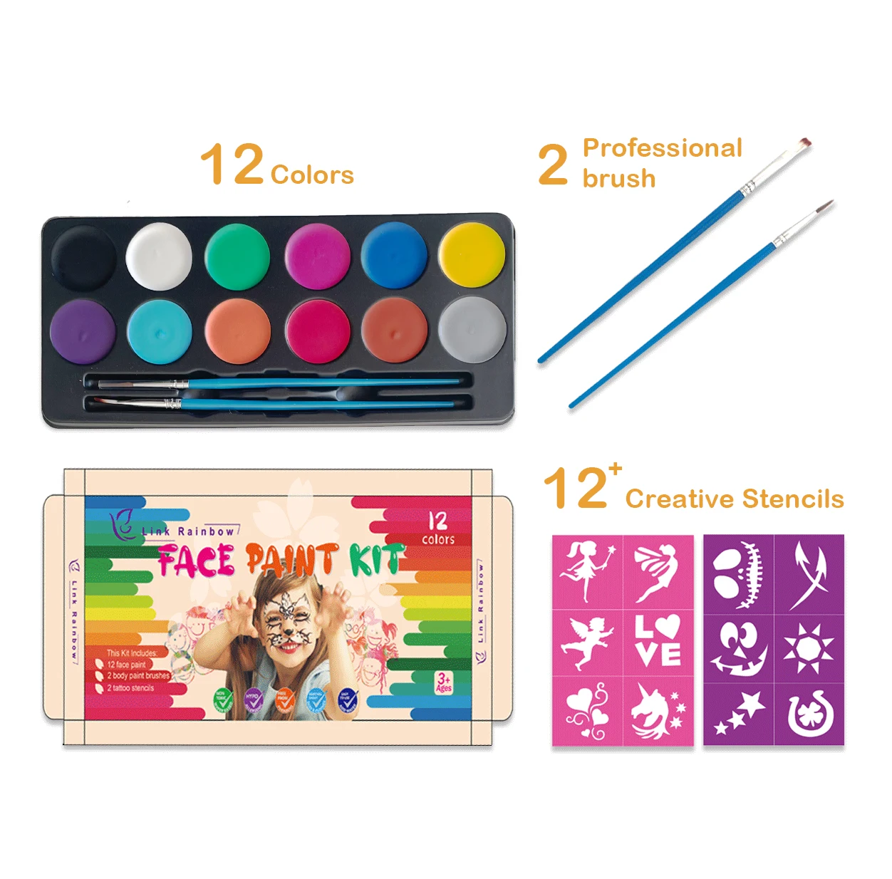 Tavolozza Di Inchiostro Per Il Viso Per Bambini Tavolozza Di Campioni Per Il Viso-Colori Di Pittura Per Il Viso Vivaci, Stencil E 2 Pennelli-Pittura P