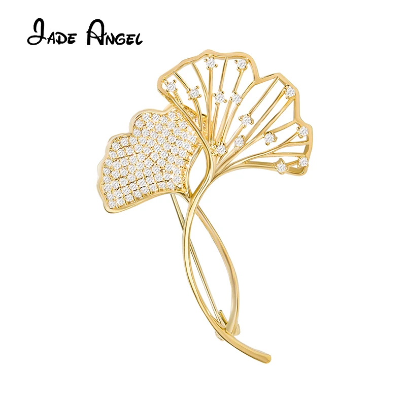 Jade Angel Placcato Oro Ginkgo Biloba Spilla Elegante Chic Cubic Zircona Plant Leaf Corpetto Accessori Per Gioielli Per Il Tempo Libero Per Le Donne