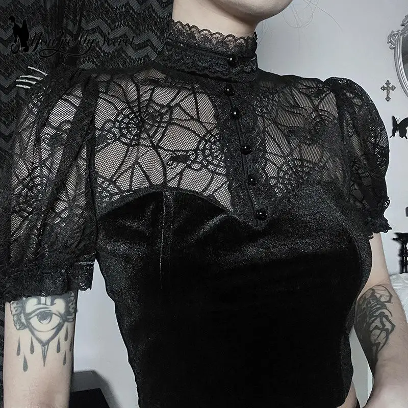 [Sei Il Mio Segreto] Maglia Di Pizzo Gotico Scava Fuori Tee Donna Colletto Rovesciato Vintage Hip Hop Punk Manica Corta Crop Top Streetwear