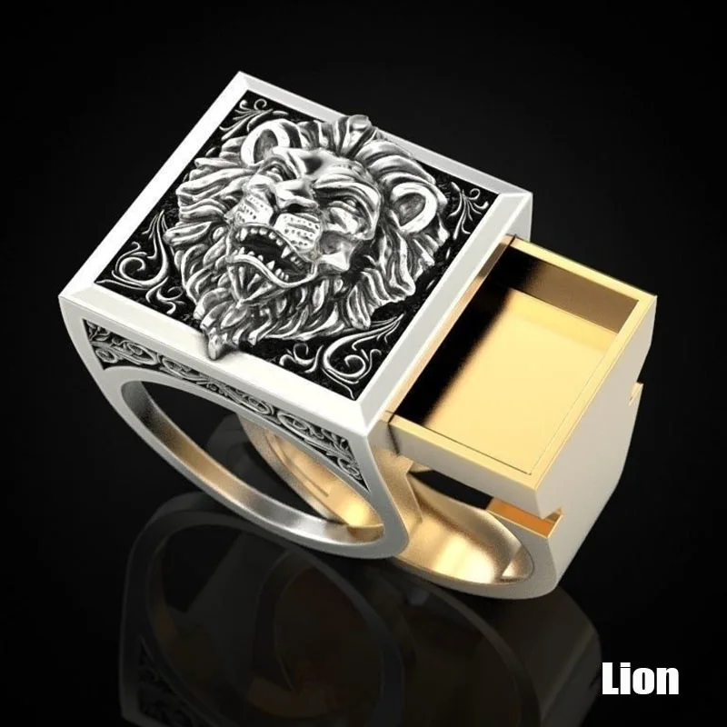 Fashion Vintage Men'S Combination Biker Ring Scomparto Segreto Kingdom Lion King Rings For Men Hip Hop Viking Jewelry