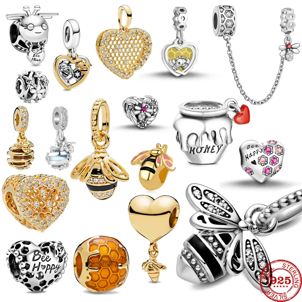New 925 Silver Bee Series Gold Honeycomb Honey Jar Ciondolo Charm Bead Fit Bracciale Pandora Originale Gioielli Da Donna Fai Da Te Per Le Donne