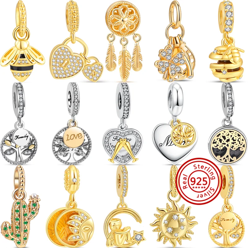925 Sterling Silver Ciondola Charm Golden Sun Angel Love Family Tree Bee Heart Ciondolo Perline Fit Original Pandora Bracciale Jewelry