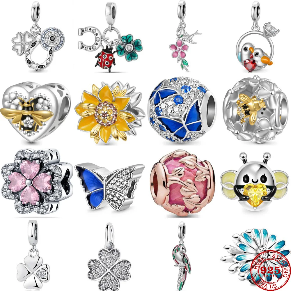 925 Sterling Silver Butterfly Bee Flower Lucky Grass Charms Ciondolo Fit Originale Pandora Bracciale Moda Gioielli Fai Da Te Per Le Donne