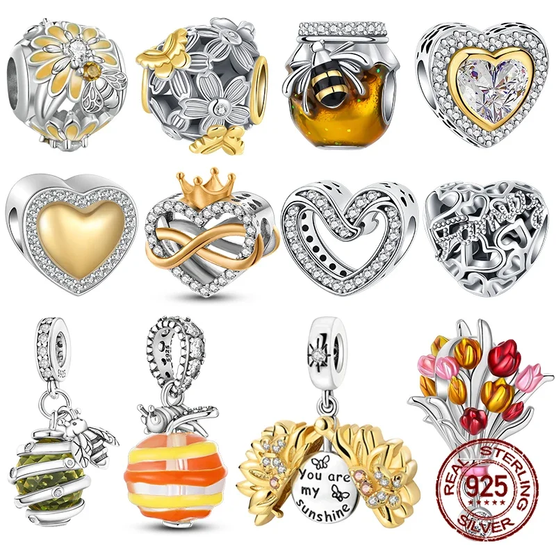 925 Sterling Silver Bee Jar Bee Beads Yellow Daisy Flower Pandent Charm Fit Originale Pandora Bracciale Fai Da Te Bead Ms Jewelry Gift