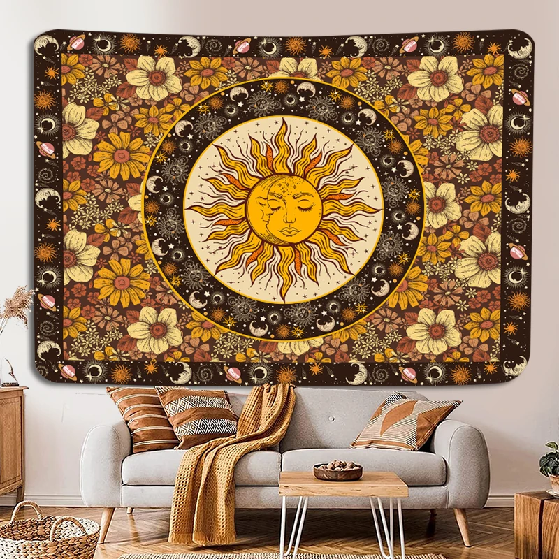 Sun Moon Tapestry Vintage Boho Arazzi Appeso A Parete Con Girasoli Moth Constellation Estetica Per Camera Da Letto Dormitorio Soggiorno