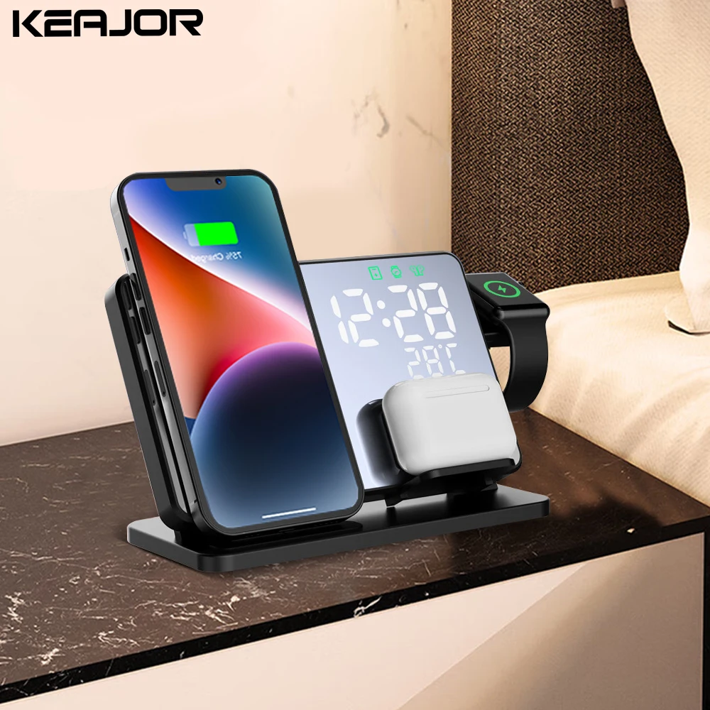 Caricabatterie Wireless 3 In 1 Per Iphone 14 13 12 Pro Max Stazione Di Ricarica Rapida Per Caricabatterie Apple Watch Series 8 7 Con Sveglia