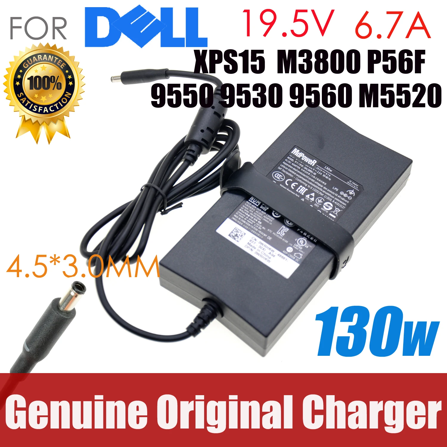 Genuine For Dell 130W 19.5V 6.67A/6.7A Charger Xps 15 9530 9550 9560 Precision M3800 Da130Pm130 06Tty6 Laptop Ac Adapter
