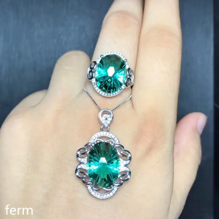 Muslimboutique Jewels 925 Sterling Silver Con Anello Pendente In Cristallo Verde Naturale 2 Set New Lotus Leaf Olive Lucky
