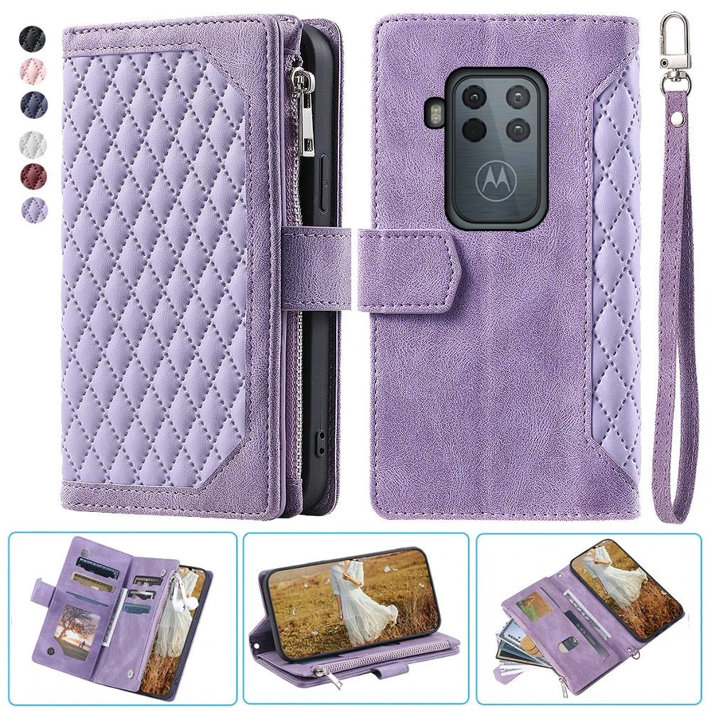 Per Moto One Zoom Fashion Small Fragrance Zipper Wallet Custodia In Pelle Flip Cover Multi Card Slot Cover Folio Con Cinturino Da Polso