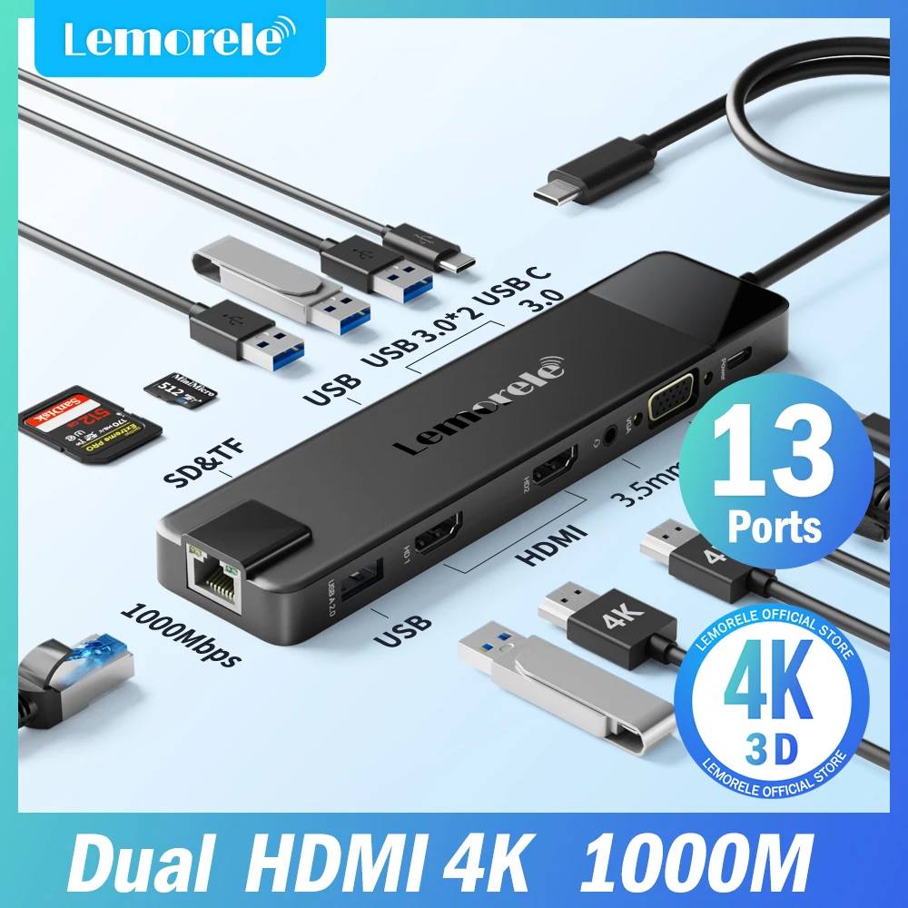 Lemorele 4K Hub Usb Da Usb C A Dual Hdmi Vga Docking Station Gigabit Adattatore Usb 3.0 Vga Lettori Di Schede Sd Per Windows Macbook Air