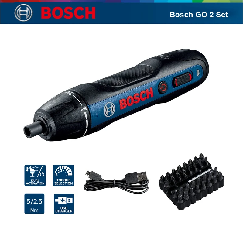 Bosch Go 2 Kit Professionale Cacciavite A Batteria E Custodia Per Cacciavite Da 32 Pezzi Set Cacciavite Automatico Ricaricabile Trapano A Mano