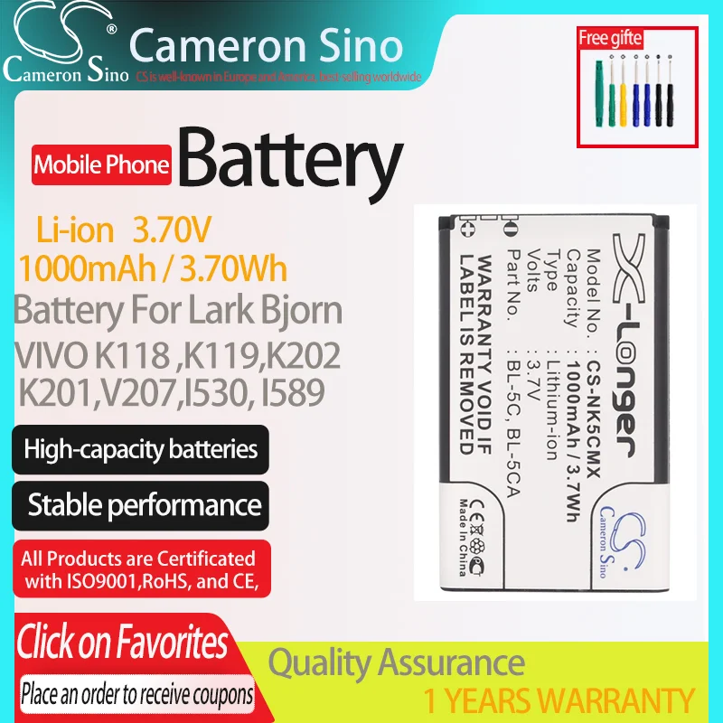 Cameronsino Battery For Lark Bjorvivo K118,Vivo K119, K201,K202,Vivo,V207,Vivo I530,I589 Fits Bl-6Sp.Mobile, Smartphone Battery.