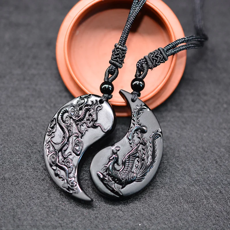 1 Set Ossidiana Intagliare Drago E Fenice Pendente Della Collana Yin Yang Del Pendente Della Collana Di Ossidiana Fortunato Pendenti Con Gemme E Perle