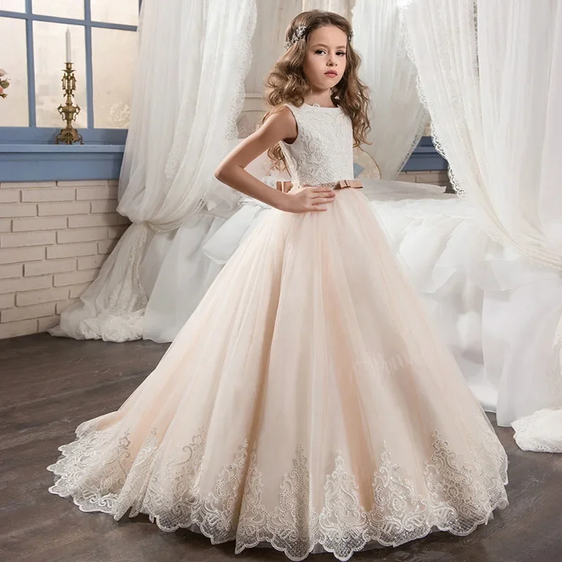 Flower Girl Dress Lace Toddler Glitz Pageant Dresses Pretty Kids Prom Gown Abiti Da Comunione Primera Comunion