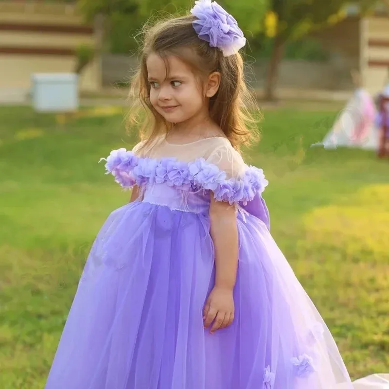 Colore Personalizzato Flower Girl Dress Bow 3D Flowers Illusion Birthday Wedding Party Gowns Costumi First Comunion Drop Shipping
