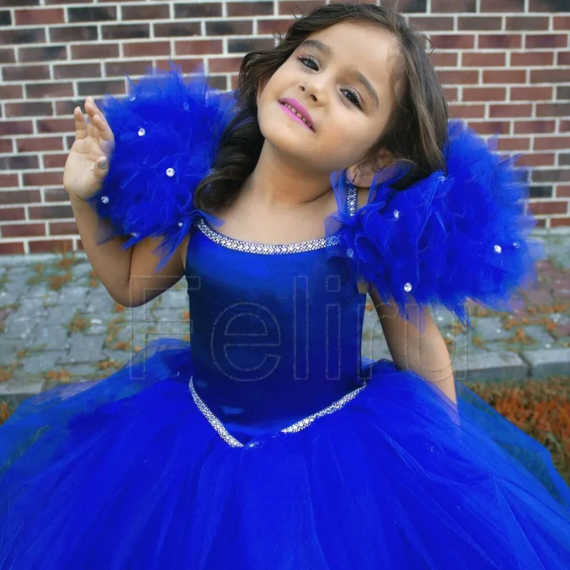 Plus Size 0-16Y Royal Blue Tulle Flower Girl Dress Beads Compleanno Baby Wedding Party Gowns First Comunion Customes