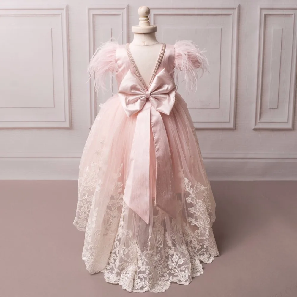 New Hot Pink Feather Ball Gown Flower Girl Dress Abiti Da Prima Comunione Per Ragazze Vestidos De Comunion Princess Dresses
