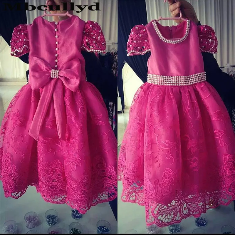 Mbbullyd Fuschia Lace Flower Girl Abiti Per Matrimoni 2023 Primera Comunion Gown Con Perle Littler Girls Birthday Party Dress