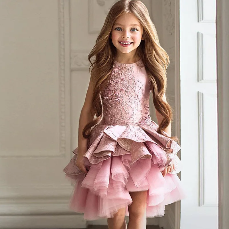 Splendido Vestidos De Primera Comunion Zipper Drappeggiato A-Line Pageant Christmas Pink Tulle Rustic Flower Girl Dress 2-12 Anni