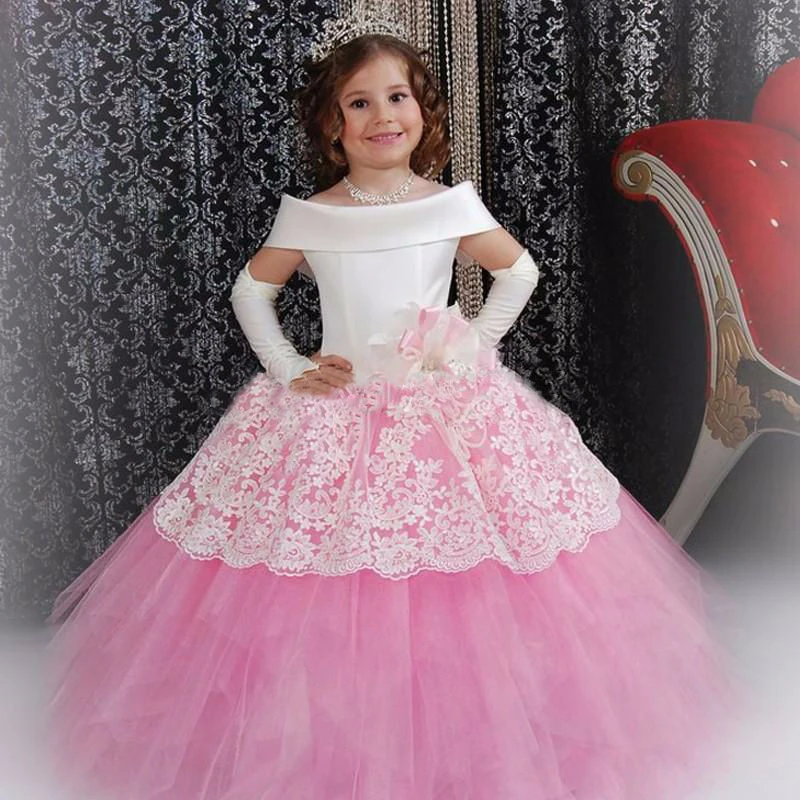 2021 Vintage Flower Girl Dresses White Satin Pink Puffy Toddler Ball Gown Comunione Girl Frock Design Abiti Da Comunione Vestido