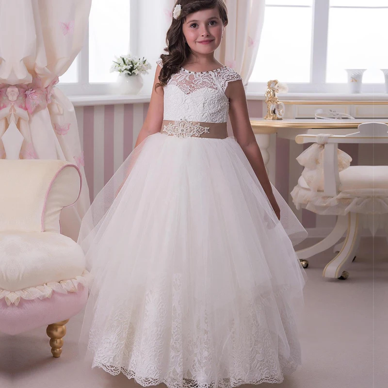 Pizzo Fiore Ragazze Abiti Scoop Una Linea Con Cristallo Tulle Vestidos De Primera Comunion Vestido De Daminha Para Casamento