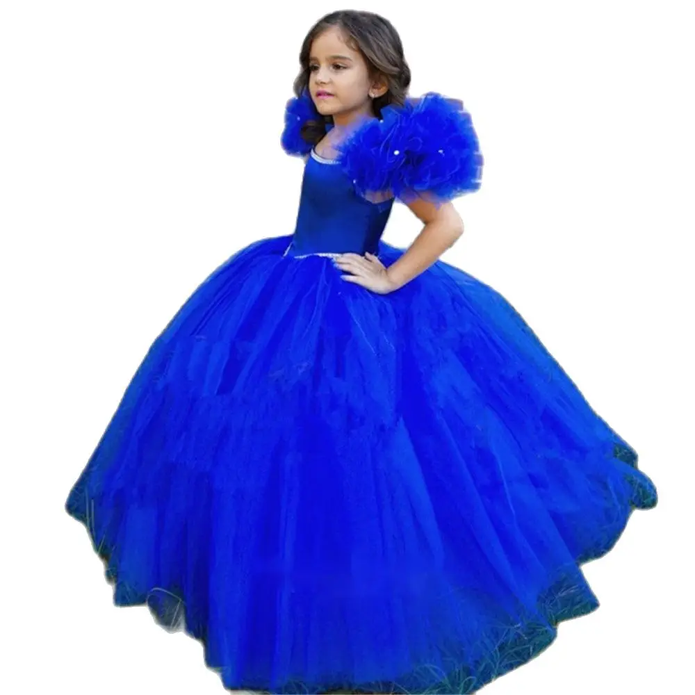 Plus Size 0-16Y Royal Blue Tulle Flower Girl Dress Beads Compleanno Baby Wedding Party Gowns First Comunion Customes
