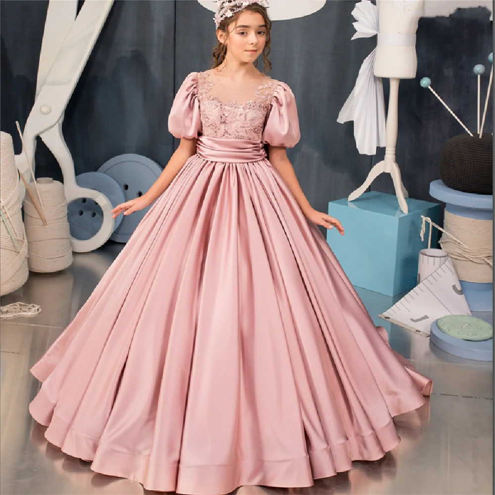 Rosa Scuro Princes Puffy A-Line Comunion Flower Girl Dresses Wedding Prima Comunione Wedding Piano Performance Gift