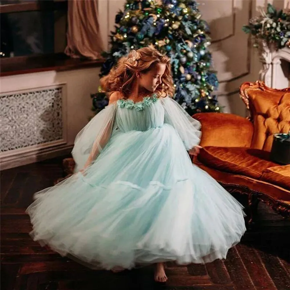 Mint Pastrol Flower Girl Dress Maniche A Sbuffo Toddler Kids Couture Floral Birthday Wedding Party Costumes First Comunion