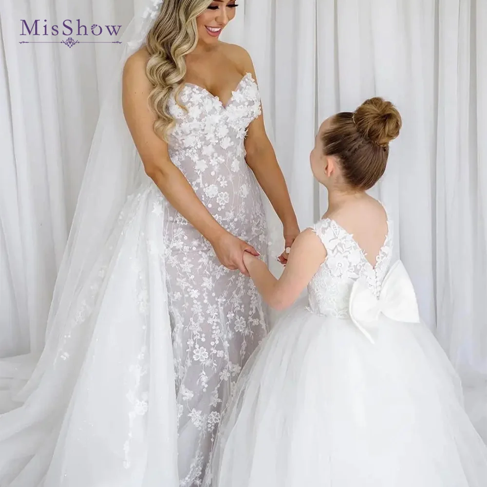 Misshow White Flower Girl Dresses Vintage Buttons Bow Tulle Wedding Party Girl Dress Con Lungo Pizzo Train First Comunion Gown