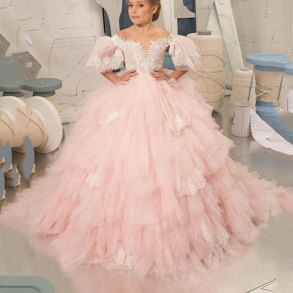 2022 Cute Pink Princess Dress Puffy Flower Girl Dresses A-Line Comunion Dresses Flower Girl Dresses For Wedding Robe
